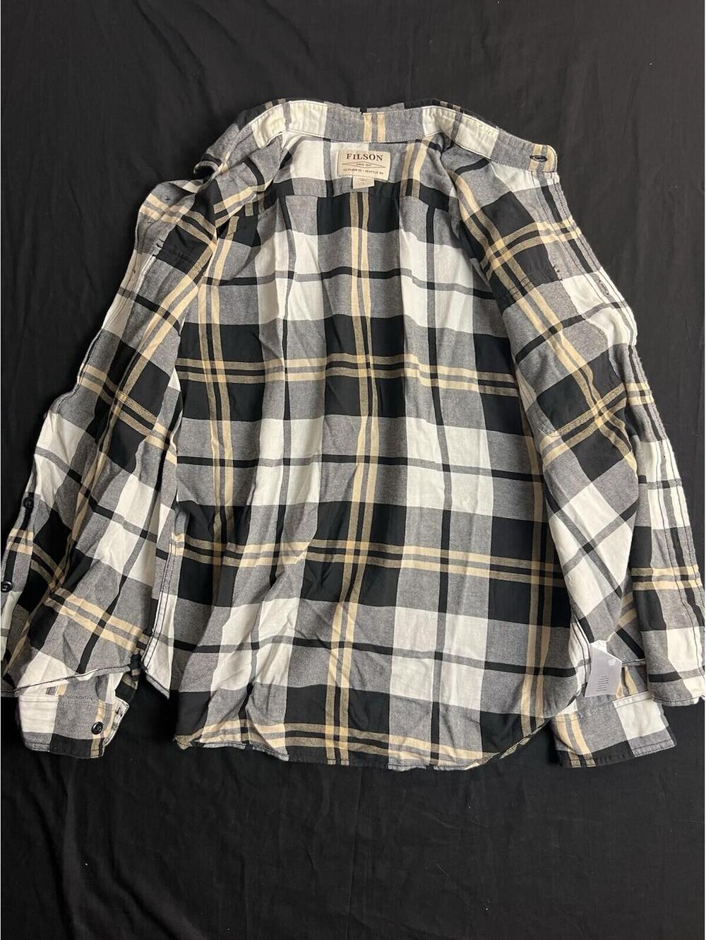 Filson Scout Flannel Button Up Shirt Plaid Mens L Black Gold White Cotton - Picture 3 of 10
